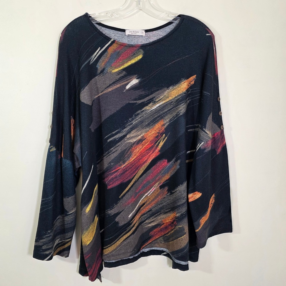 Jess & Jane Women Top Abstract Brushstroke Print Button Shoulder Oversized 2X